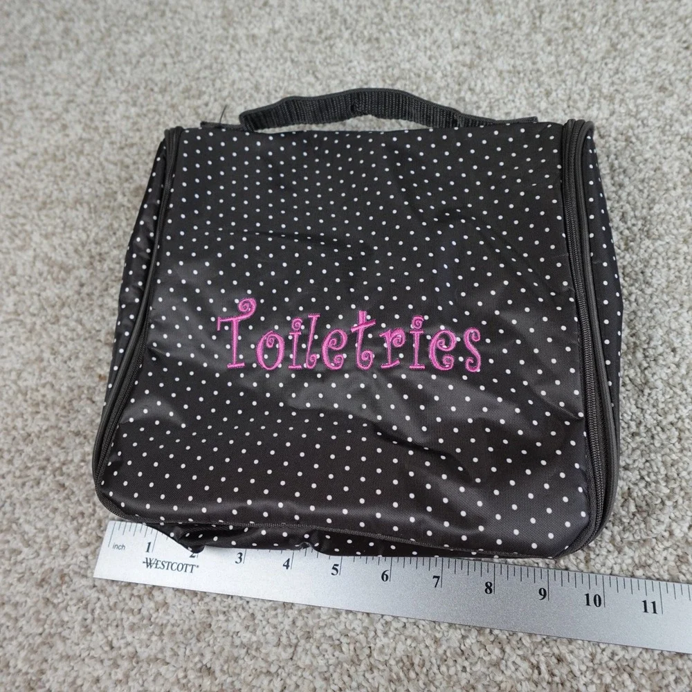 Thirty-One Hanging Toiletry Bag Black Polka Dot Pink Embroidery Travel Organizer